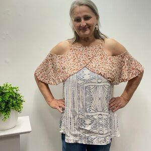 Floral and Geometric Cold Shoulder Top -Grace and Emma